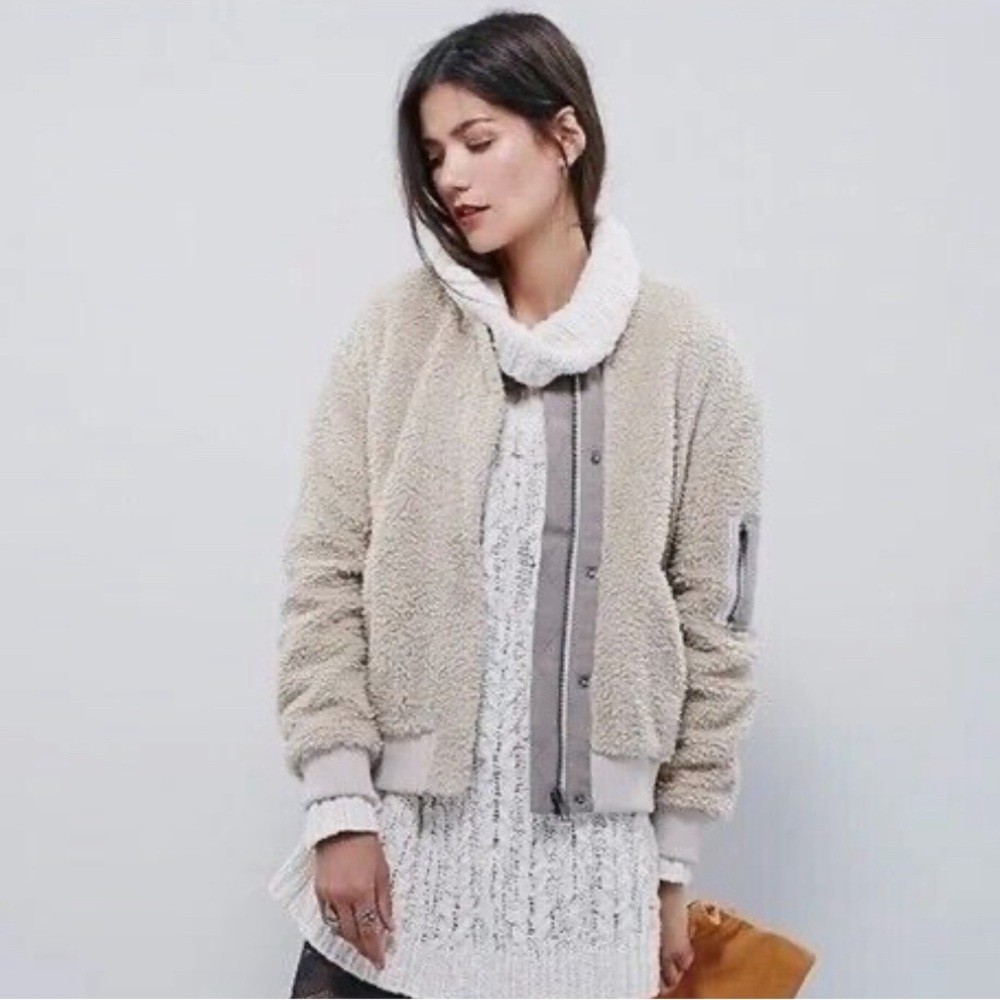 Free People Teddy Aviator Bomber Megafleece Beige Multi-Pocket Jacket Size XS